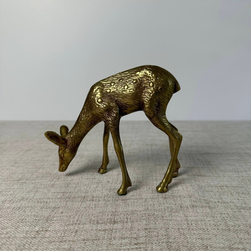 Vintage Brass Grazing Deer Doe Figurine Spotted MCM Woodland Decor